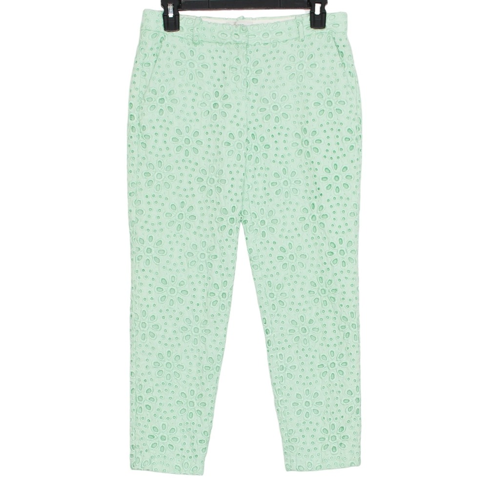 J Crew Pants Cafe Crop Pinwheel Eyelet Minimalist Pastel Boho Glam Luxe Green 00